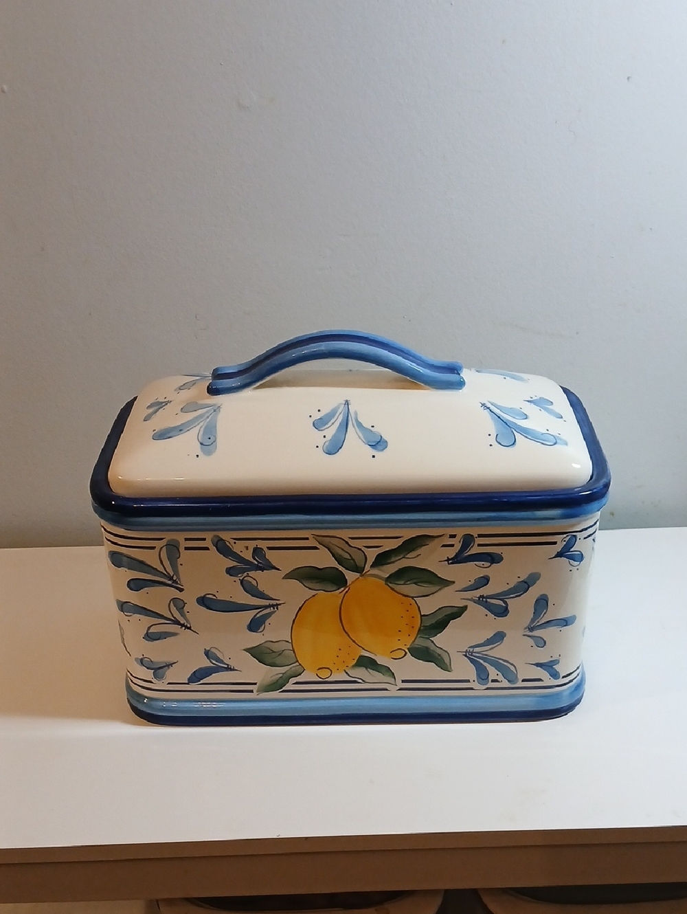 Hand-Painted Lemon Ceramic Covered Bread box or cookie jar Dish - Blue & Yellow